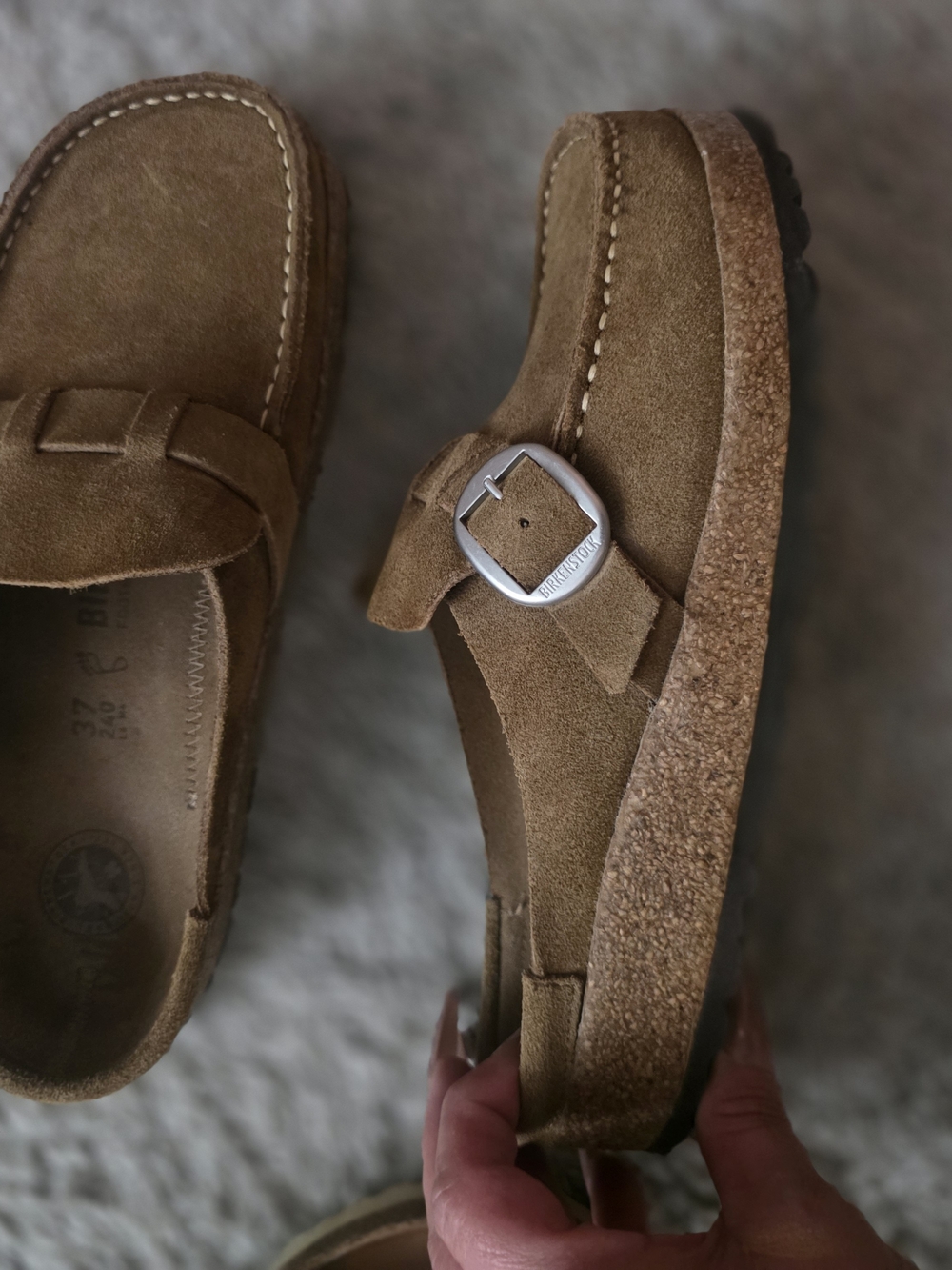 Birkenstock Brown Suede Moccasin Clog with Silver Buckle